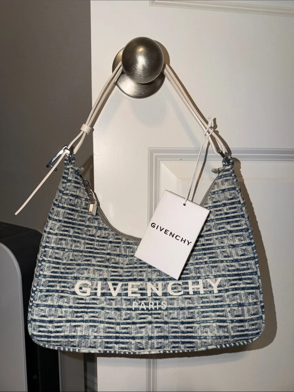 Givenchy Denim Logo Jacquard Shoulder Bag in Blue and White